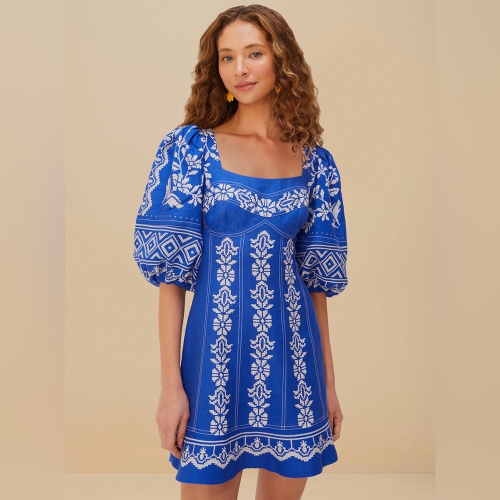 FARM Rio Tropical Printed Blue Euroflax Premium Linen Mini Dress Size Medium NWT